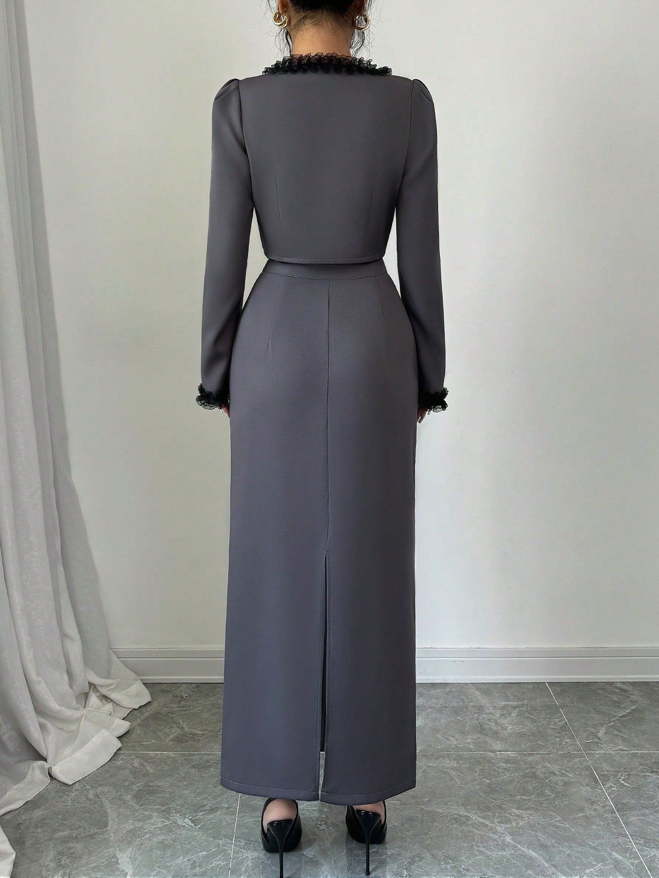 2pcs/Set Women Lace Trim Button Waist Decorated Long Sleeve Top And Skirt, Elegant Outfit - Negative Apparel