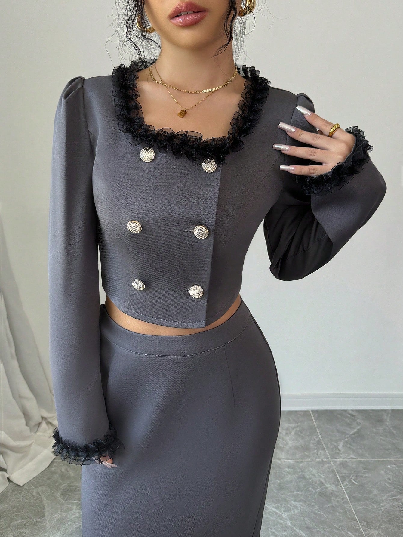 2pcs/Set Women Lace Trim Button Waist Decorated Long Sleeve Top And Skirt, Elegant Outfit - Negative Apparel