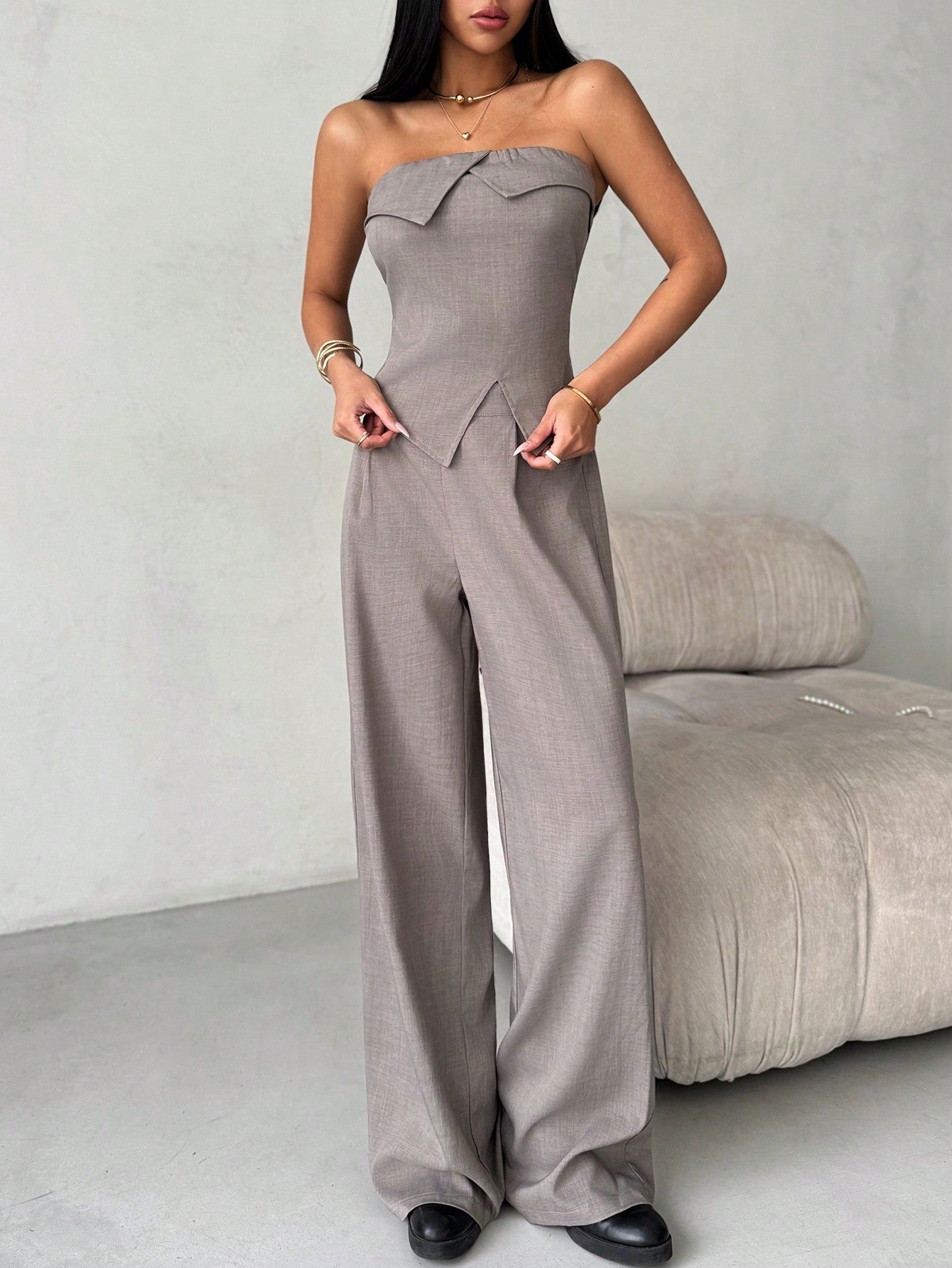 2pcs/Set Women Ruched Bandeau Top + Wide Leg Pants - Negative Apparel