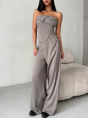 2pcs/Set Women Ruched Bandeau Top + Wide Leg Pants - Negative Apparel