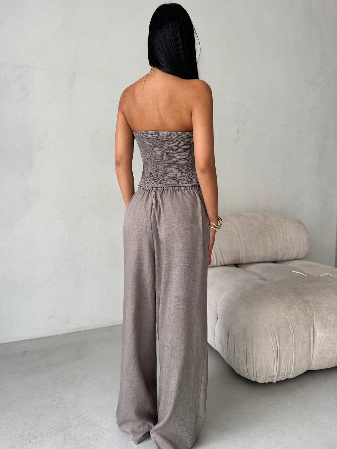 2pcs/Set Women Ruched Bandeau Top + Wide Leg Pants - Negative Apparel