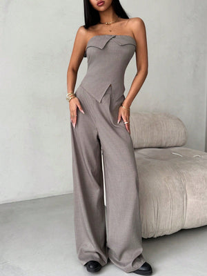 2pcs/Set Women Ruched Bandeau Top + Wide Leg Pants - Negative Apparel