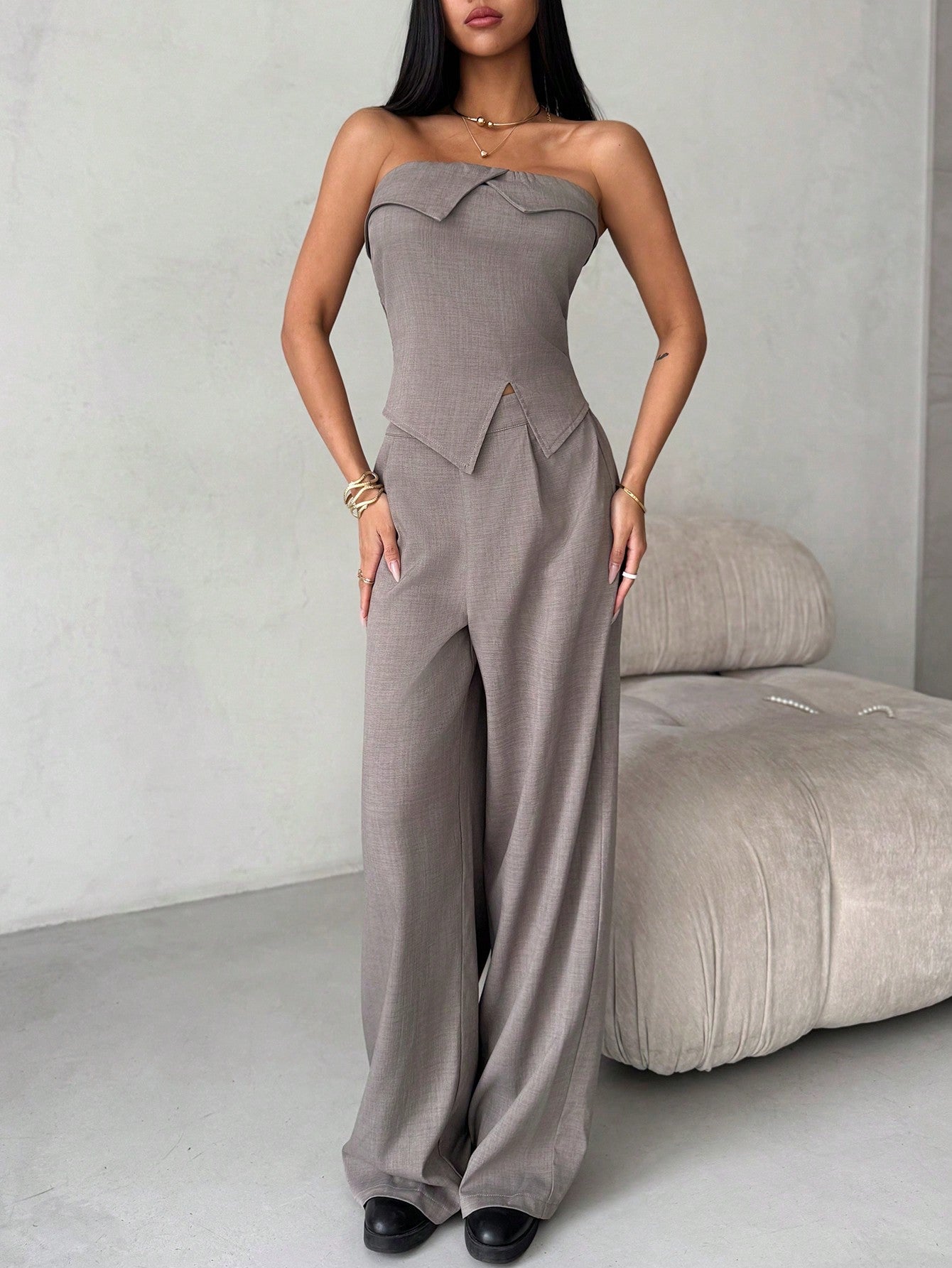 2pcs/Set Women Ruched Bandeau Top + Wide Leg Pants - Negative Apparel