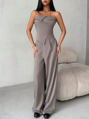 2pcs/Set Women Ruched Bandeau Top + Wide Leg Pants - Negative Apparel