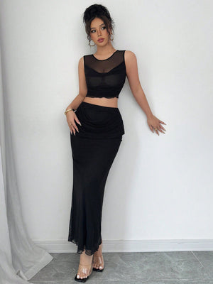 2pcs/Set Women Sheer Mesh Splice Cropped Tank Top And Skirt Set - Negative Apparel