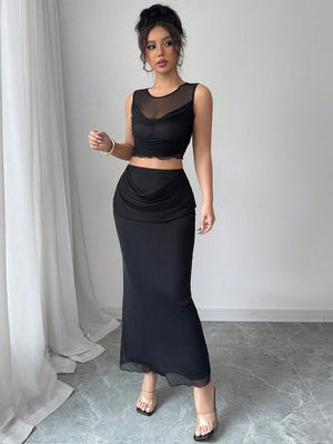 2pcs/Set Women Sheer Mesh Splice Cropped Tank Top And Skirt Set - Negative Apparel