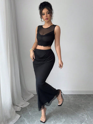 2pcs/Set Women Sheer Mesh Splice Cropped Tank Top And Skirt Set - Negative Apparel