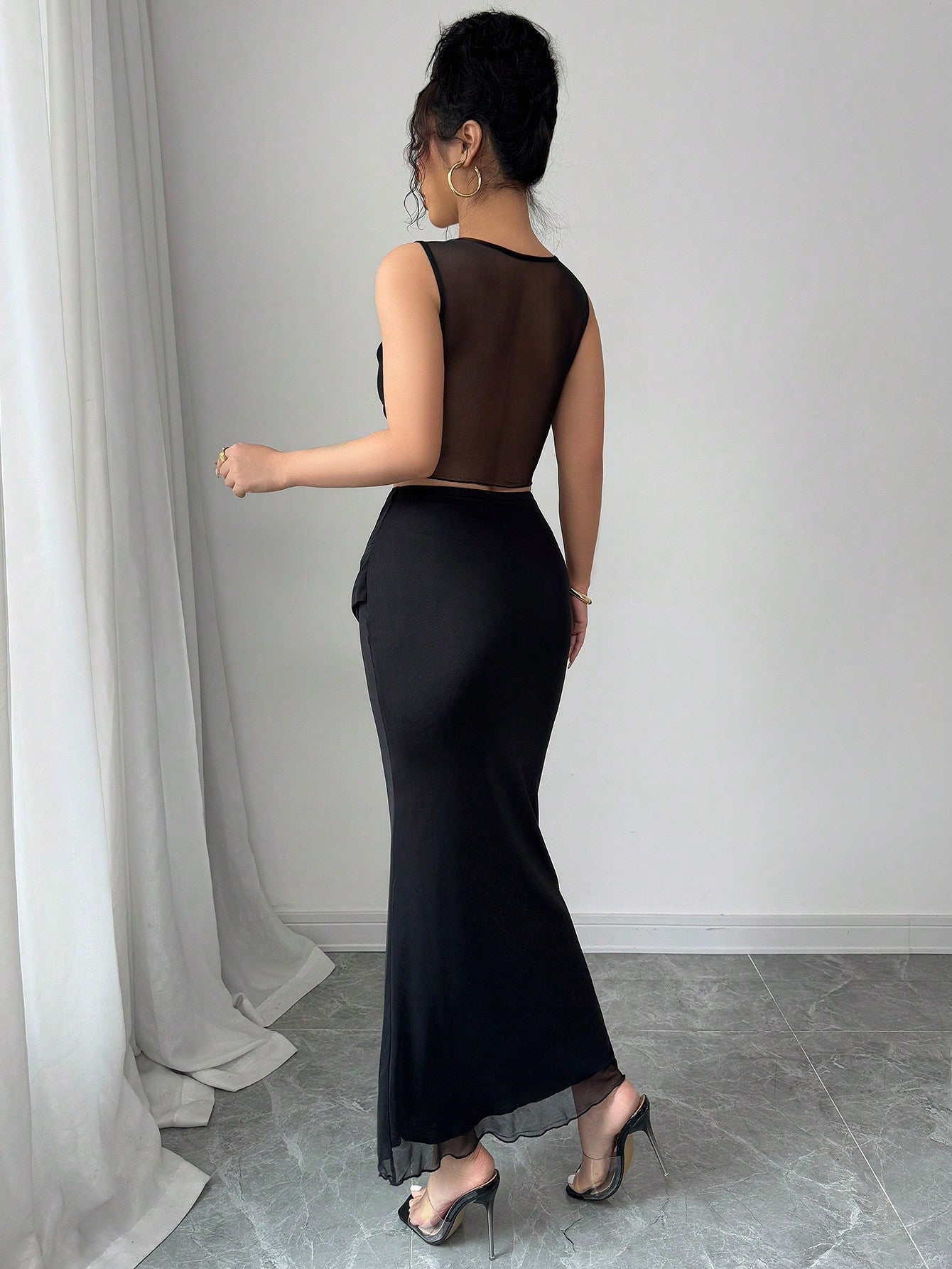 2pcs/Set Women Sheer Mesh Splice Cropped Tank Top And Skirt Set - Negative Apparel