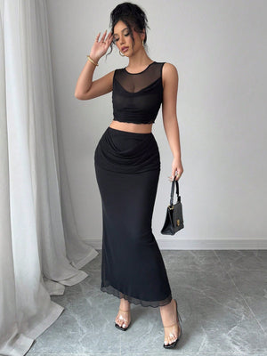 2pcs/Set Women Sheer Mesh Splice Cropped Tank Top And Skirt Set - Negative Apparel