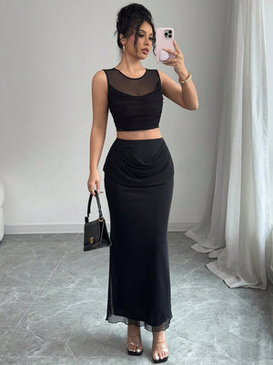 2pcs/Set Women Sheer Mesh Splice Cropped Tank Top And Skirt Set - Negative Apparel
