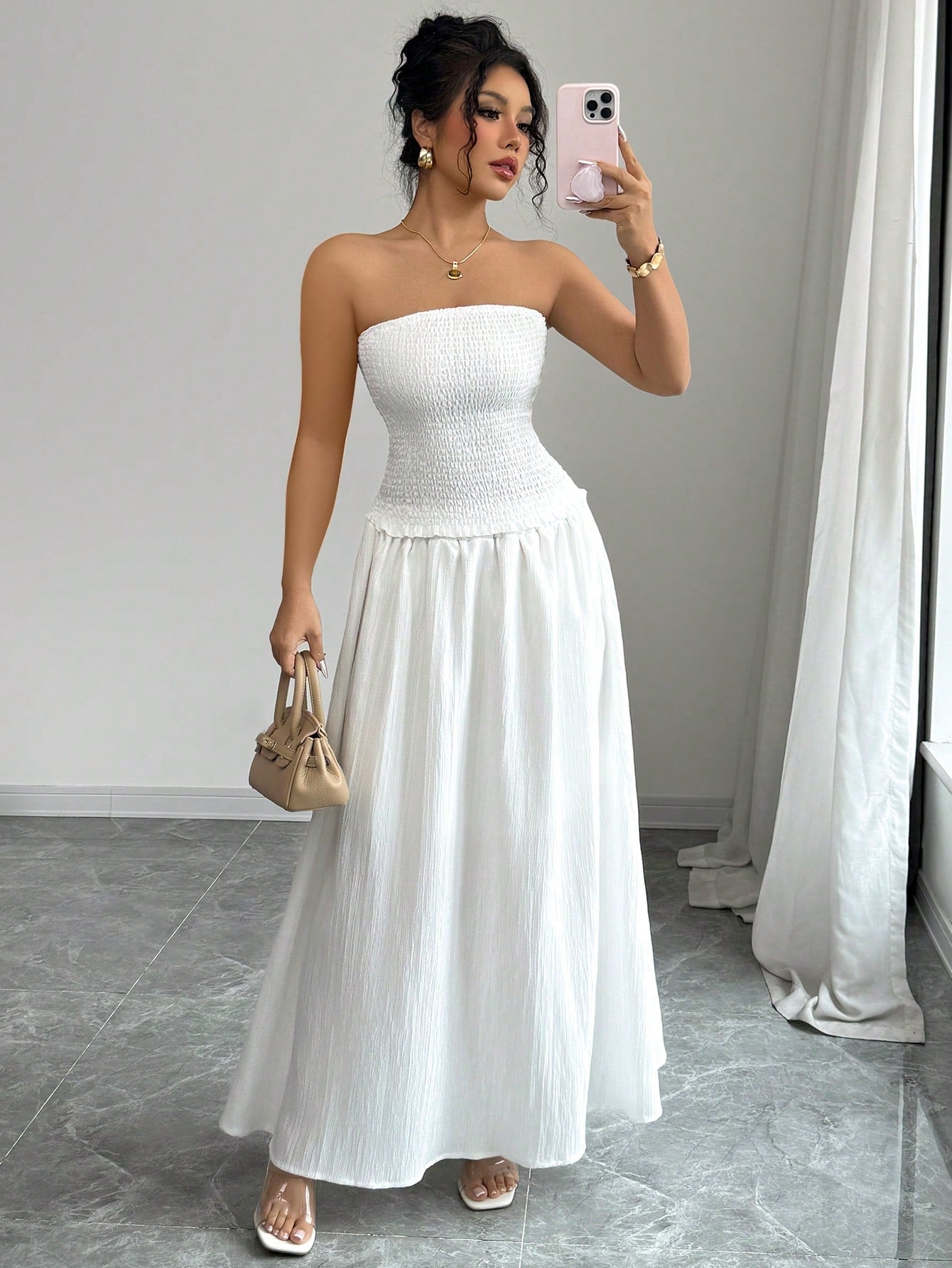 2pcs/Set Women Sleeveless Crop Top And Mid - Length Skirt, White - Negative Apparel