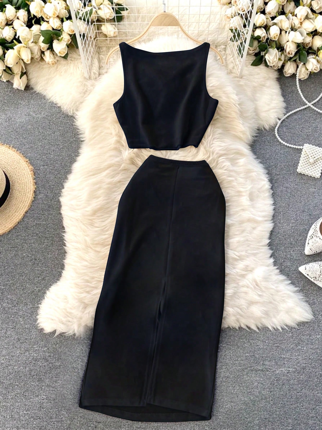 2pcs/Set Women Sleeveless Tank Top And Pleated Skirt - Negative Apparel