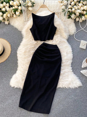 2pcs/Set Women Sleeveless Tank Top And Pleated Skirt - Negative Apparel