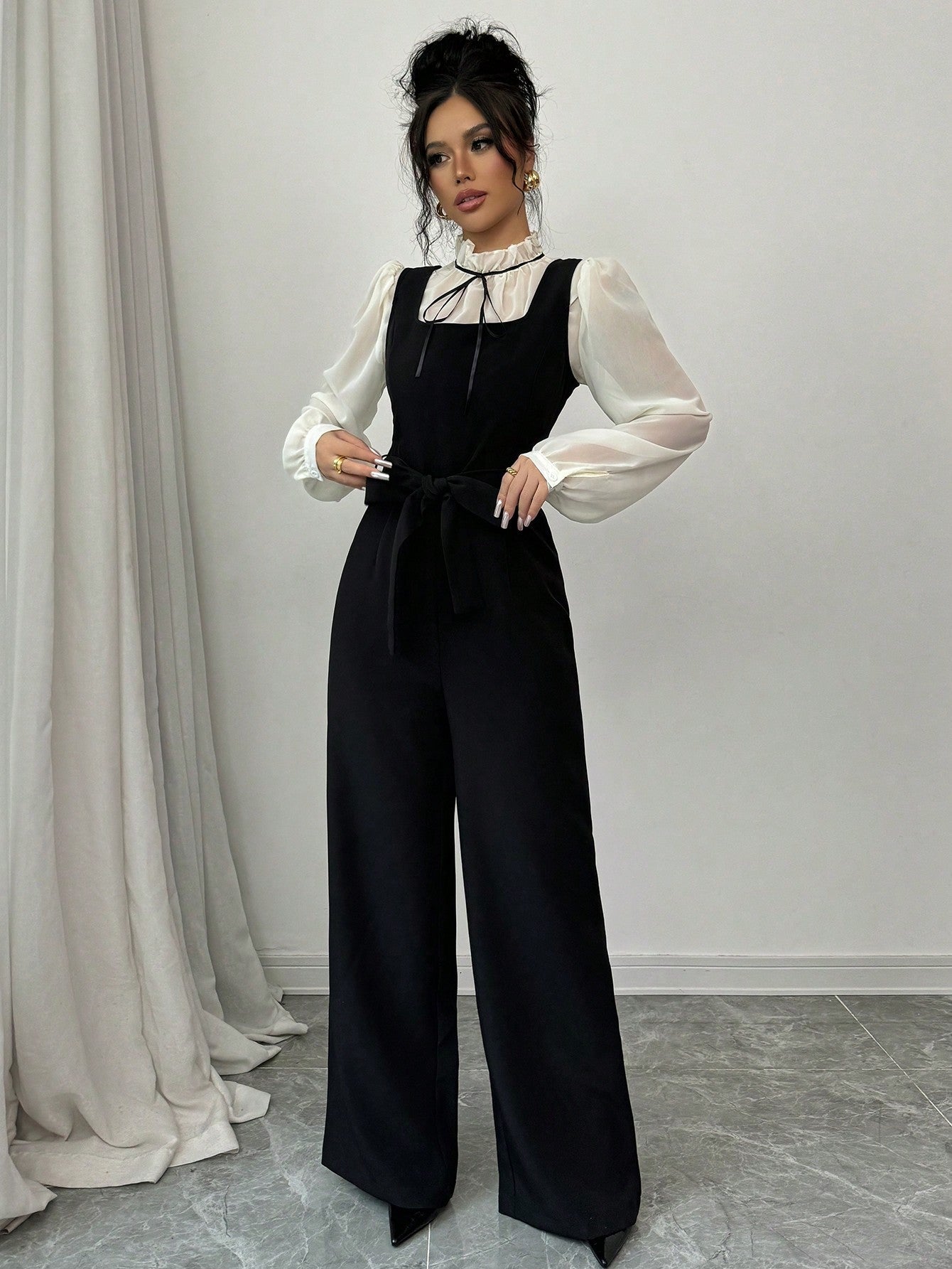 2pcs/Set Women's Autumn Colorblock Patchwork High Waist Straight Leg Overall And Shirt - Negative Apparel