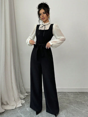 2pcs/Set Women's Autumn Colorblock Patchwork High Waist Straight Leg Overall And Shirt - Negative Apparel