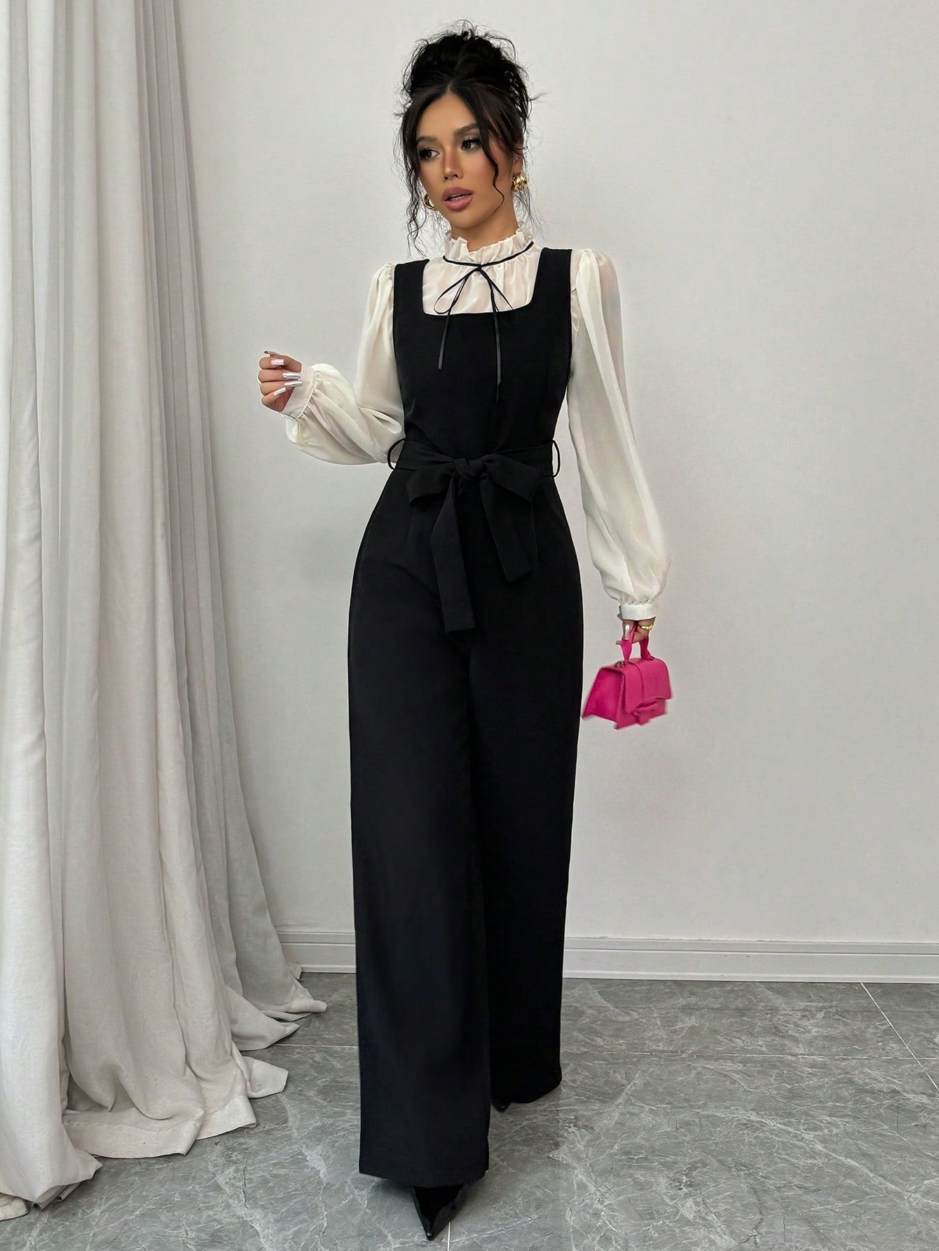 2pcs/Set Women's Autumn Colorblock Patchwork High Waist Straight Leg Overall And Shirt - Negative Apparel