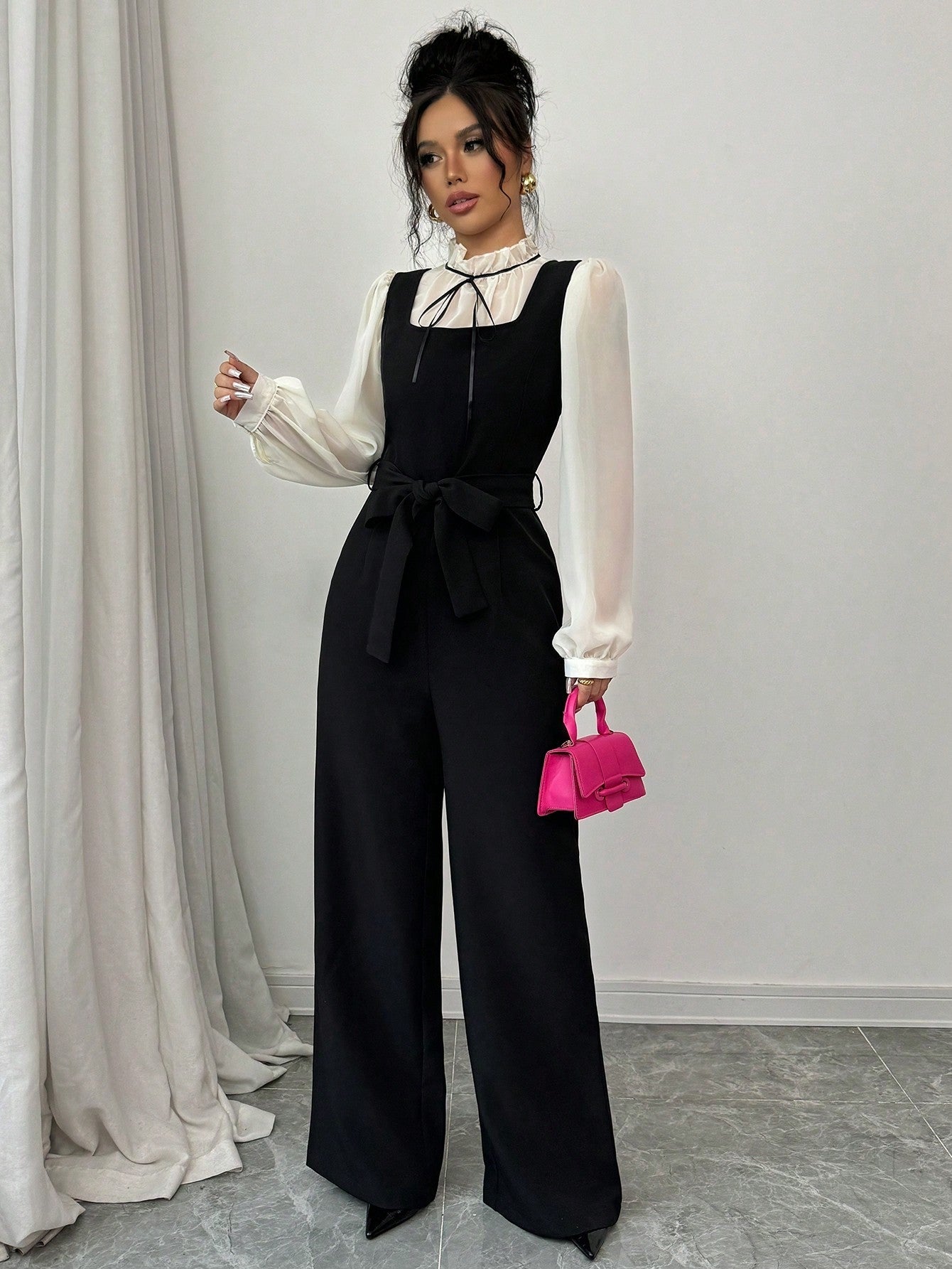 2pcs/Set Women's Autumn Colorblock Patchwork High Waist Straight Leg Overall And Shirt - Negative Apparel