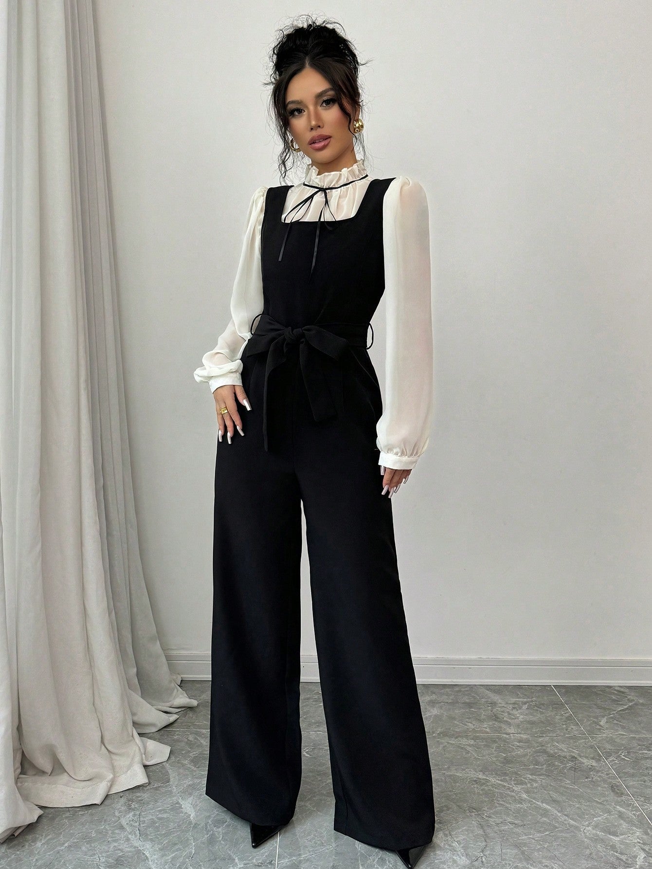 2pcs/Set Women's Autumn Colorblock Patchwork High Waist Straight Leg Overall And Shirt - Negative Apparel