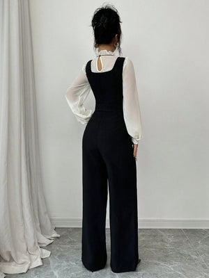 2pcs/Set Women's Autumn Colorblock Patchwork High Waist Straight Leg Overall And Shirt - Negative Apparel