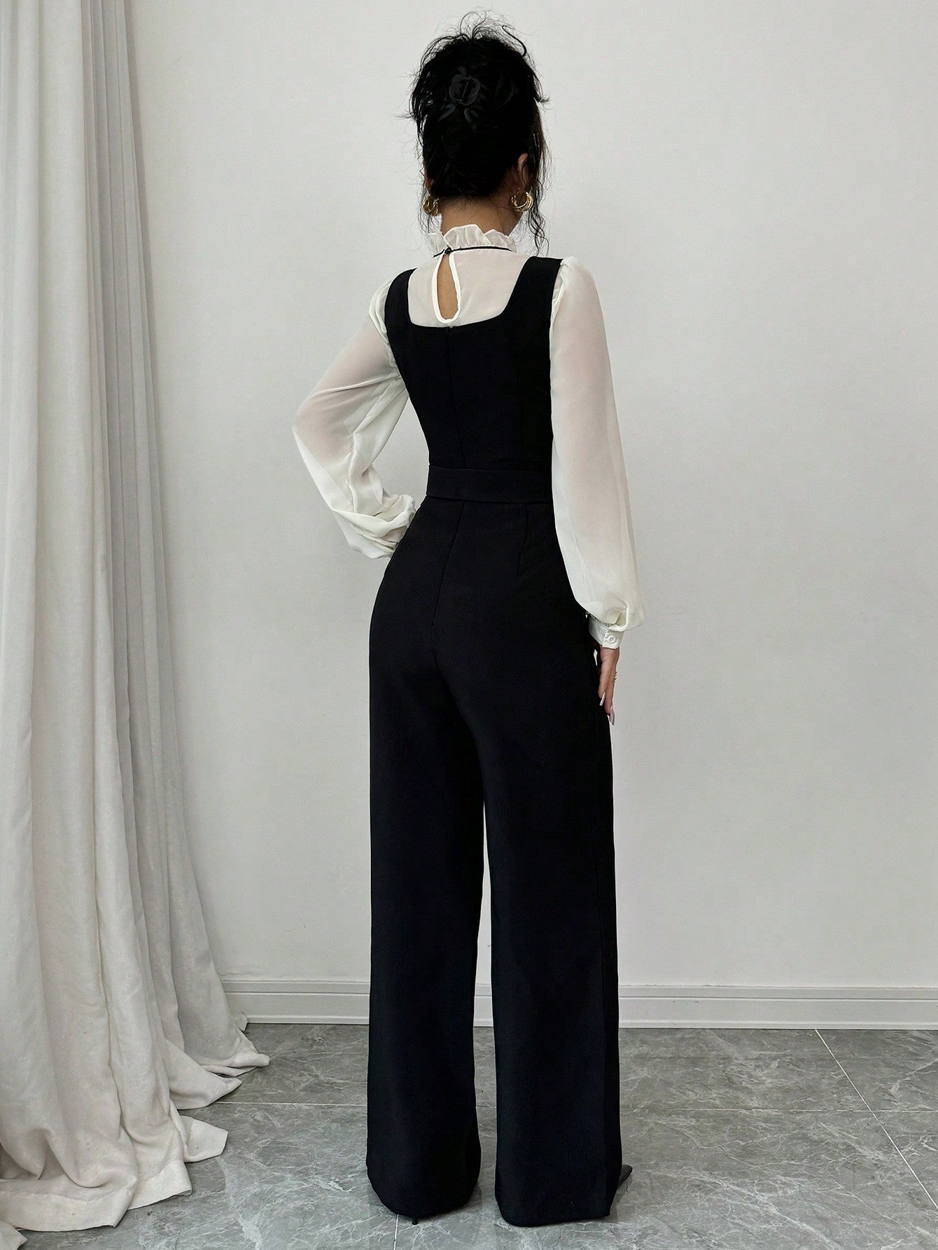 2pcs/Set Women's Autumn Colorblock Patchwork High Waist Straight Leg Overall And Shirt - Negative Apparel