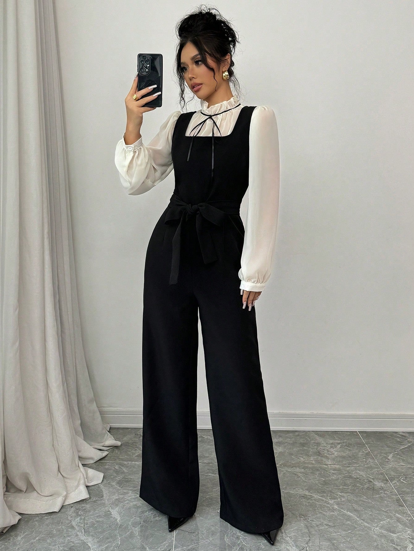 2pcs/Set Women's Autumn Colorblock Patchwork High Waist Straight Leg Overall And Shirt - Negative Apparel