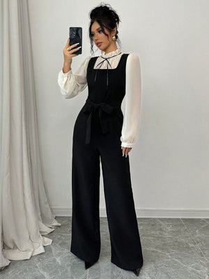 2pcs/Set Women's Autumn Colorblock Patchwork High Waist Straight Leg Overall And Shirt - Negative Apparel