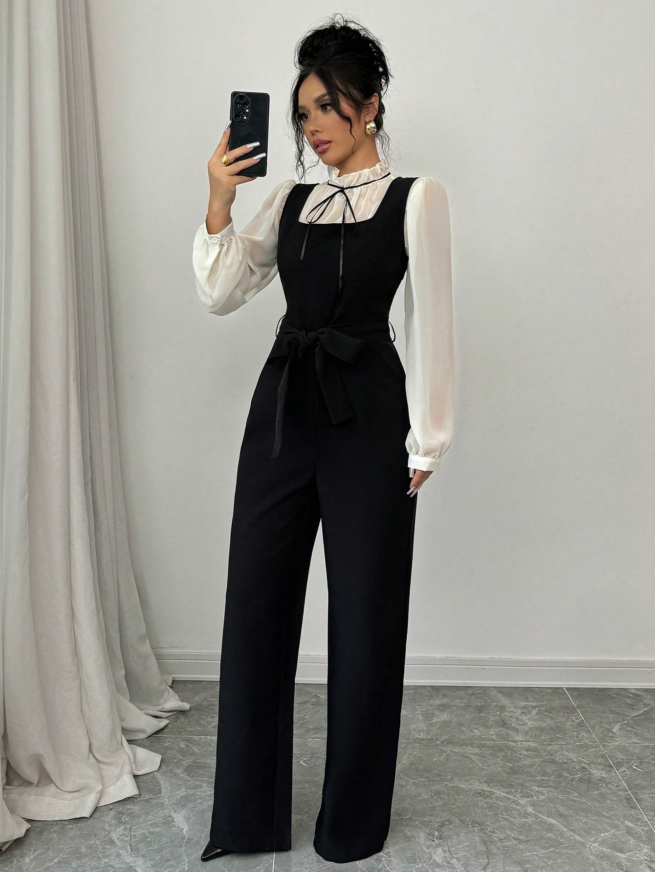 2pcs/Set Women's Autumn Colorblock Patchwork High Waist Straight Leg Overall And Shirt - Negative Apparel