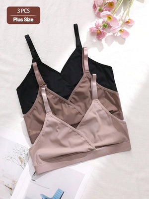 3pcs Plus Size Wireless & Non - Padded Bra Set - Negative Apparel