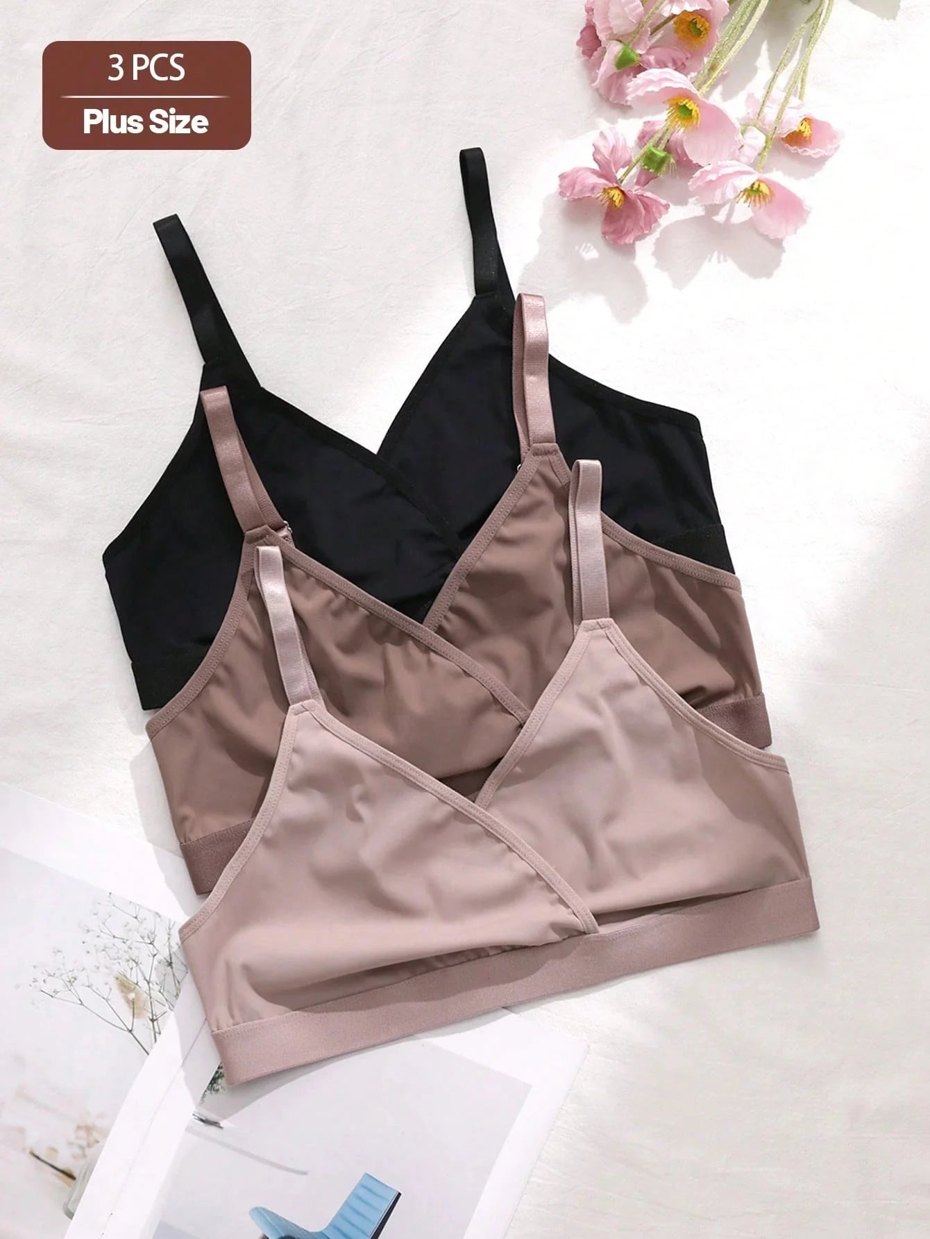 3pcs Plus Size Wireless & Non - Padded Bra Set - Negative Apparel