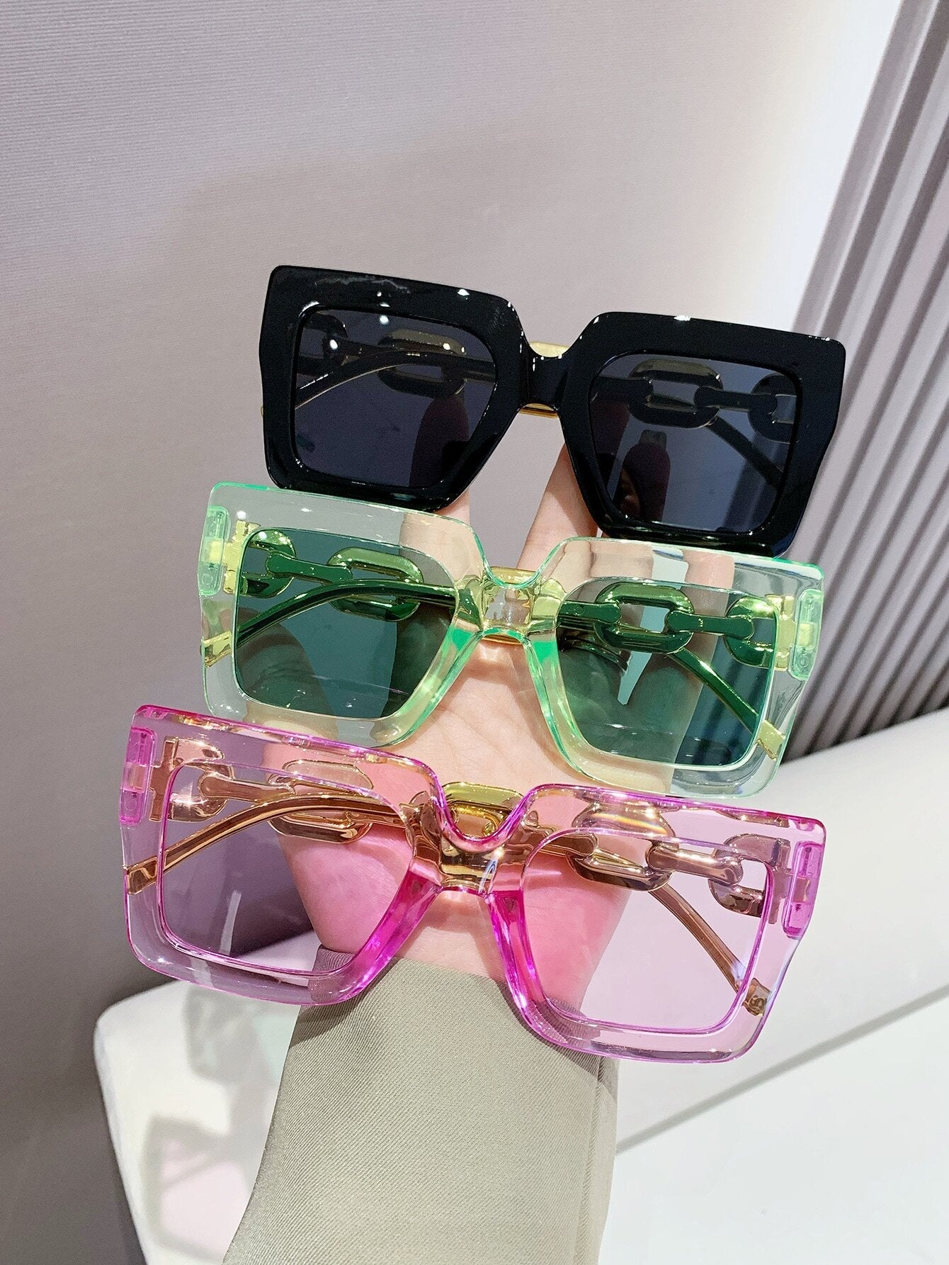 3pcs Women's Fashionable Square Shaped Plastic Decorated Sunglasses - Negative Apparel
