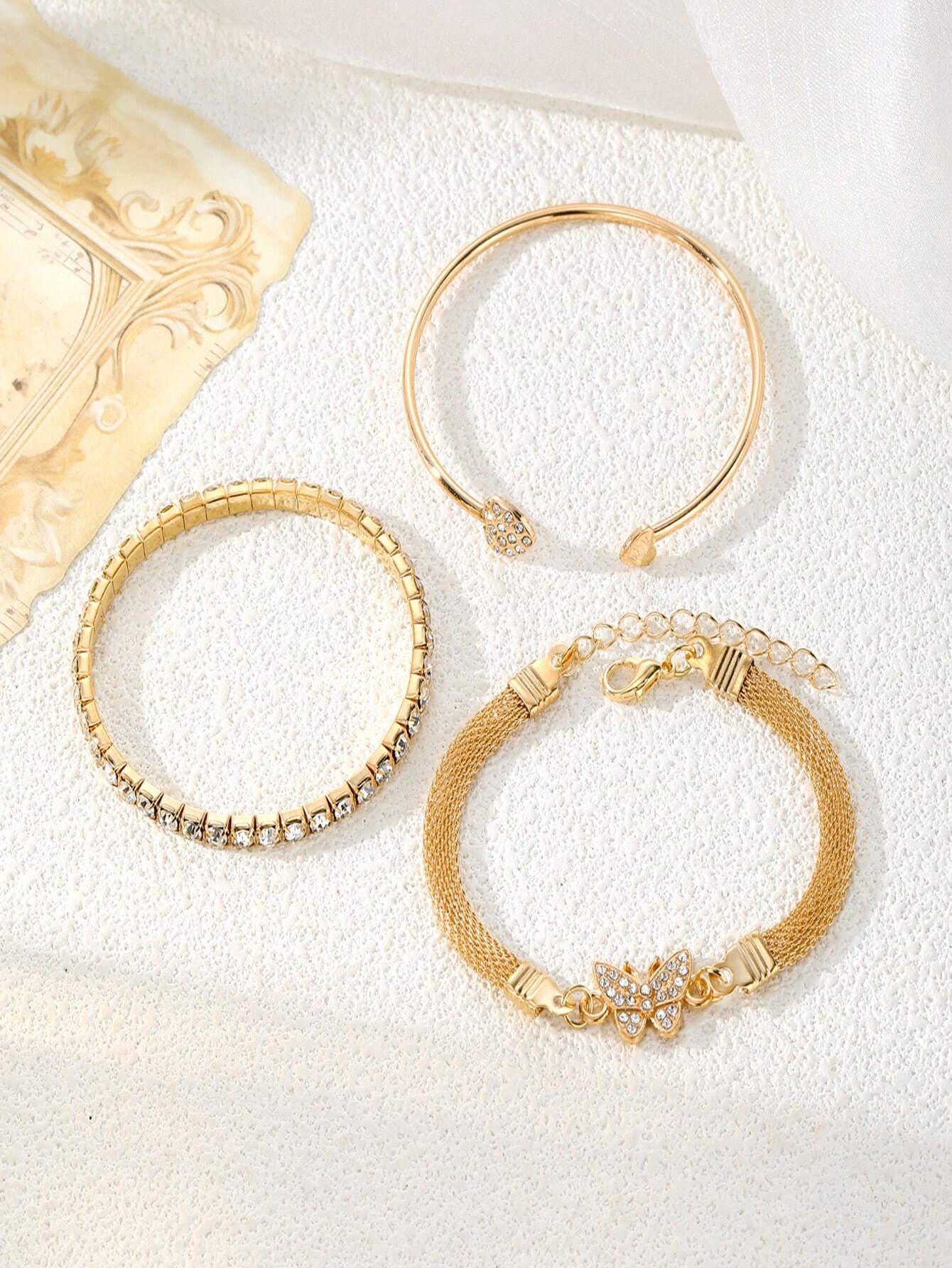 3pcs/Set Luxury Fashion Minimalist Personalized Rhinestone Butterfly & Heart Layered Bangle Bracelet FD - Negative Apparel