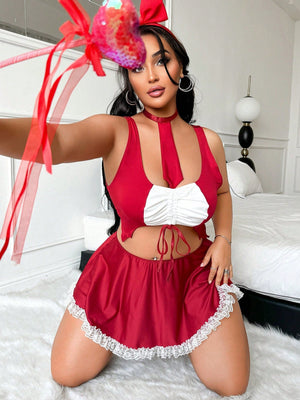 4pcs/Set Plus Size Sexy Costume Role Play Series - Bowknot, Contrast Ruffle Sleeveless Crop Top, Boyshort Panties, And Lace Mini Skirt Sexy Outfit FD - Negative Apparel