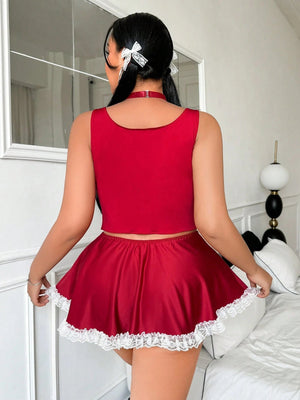 4pcs/Set Plus Size Sexy Costume Role Play Series - Bowknot, Contrast Ruffle Sleeveless Crop Top, Boyshort Panties, And Lace Mini Skirt Sexy Outfit FD - Negative Apparel