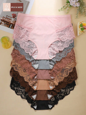 6pcs Pack - Plus Size Women's Breathable Comfortable Lace Patchwork Sexy Bikini Panties - Negative Apparel