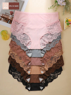 6pcs Pack - Plus Size Women's Breathable Comfortable Lace Patchwork Sexy Bikini Panties - Negative Apparel