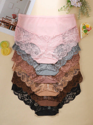 6pcs Pack - Plus Size Women's Breathable Comfortable Lace Patchwork Sexy Bikini Panties - Negative Apparel