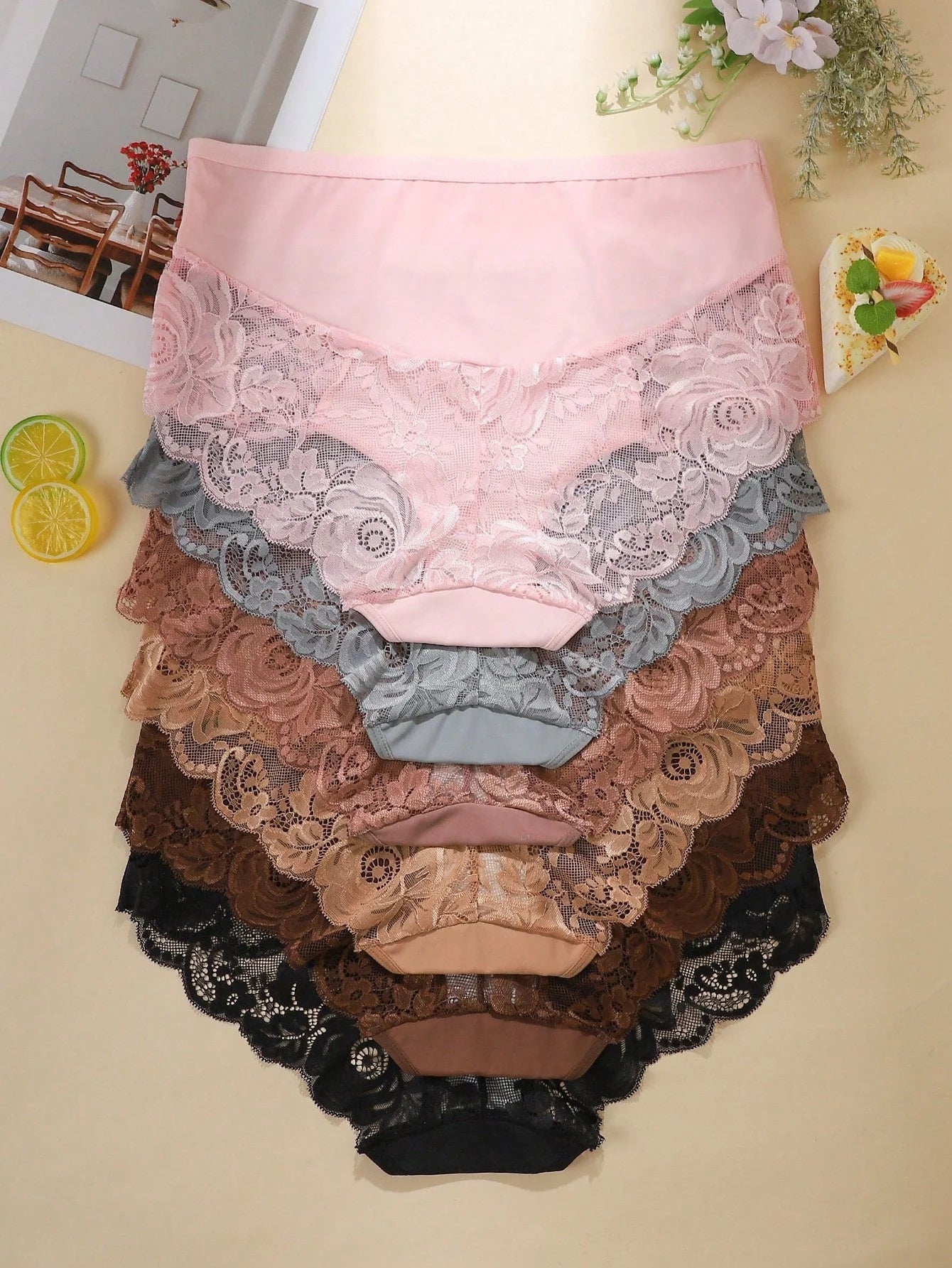 6pcs Pack - Plus Size Women's Breathable Comfortable Lace Patchwork Sexy Bikini Panties - Negative Apparel