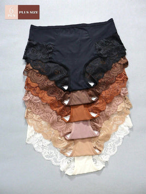6pcs Pack - Plus Size Women's Breathable Comfortable Lace Patchwork Sexy Bikini Panties - Negative Apparel