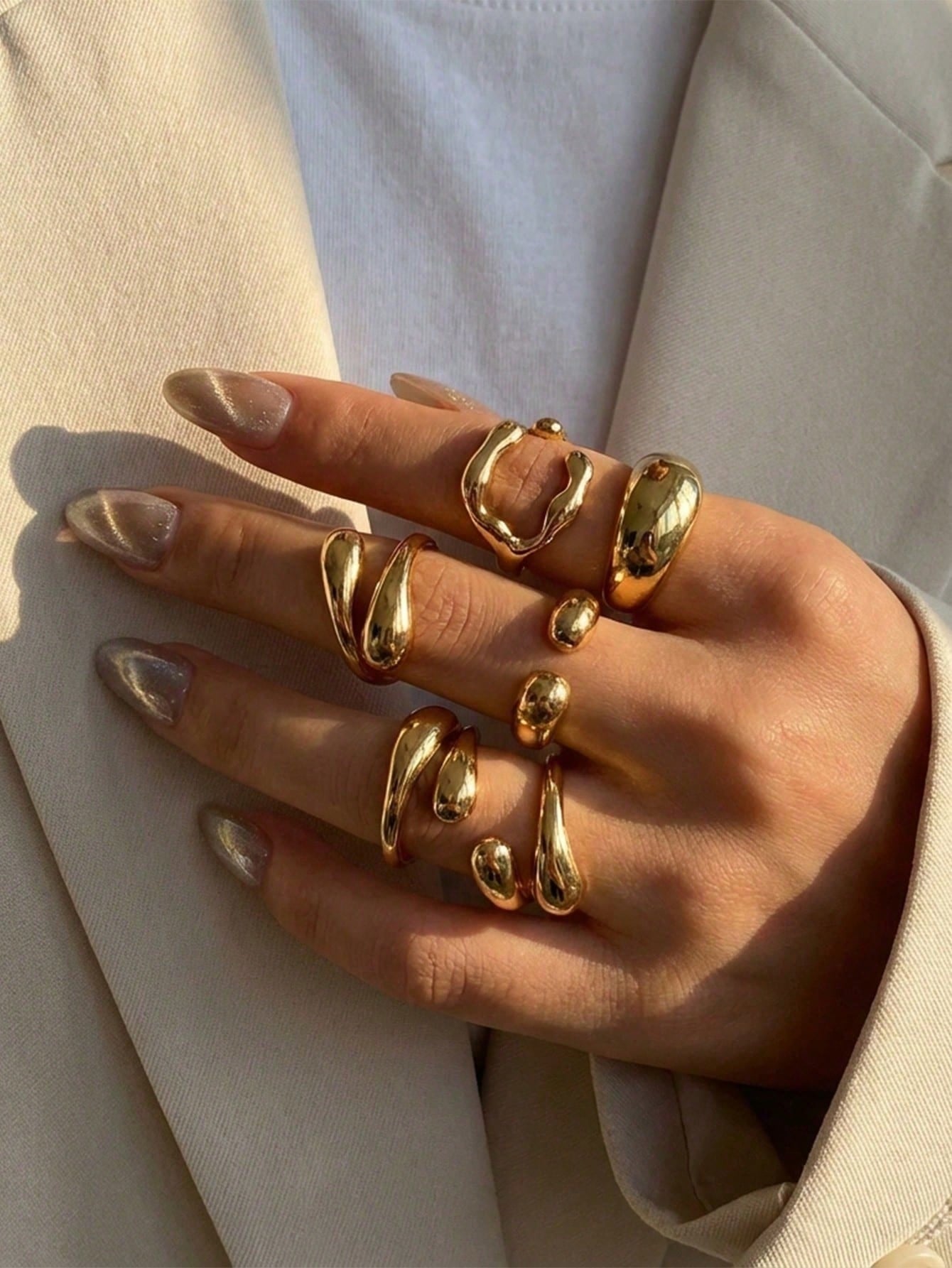 6pcs Vintage Asymmetrical Liquid Teardrop Open Ring Set FD - Negative Apparel