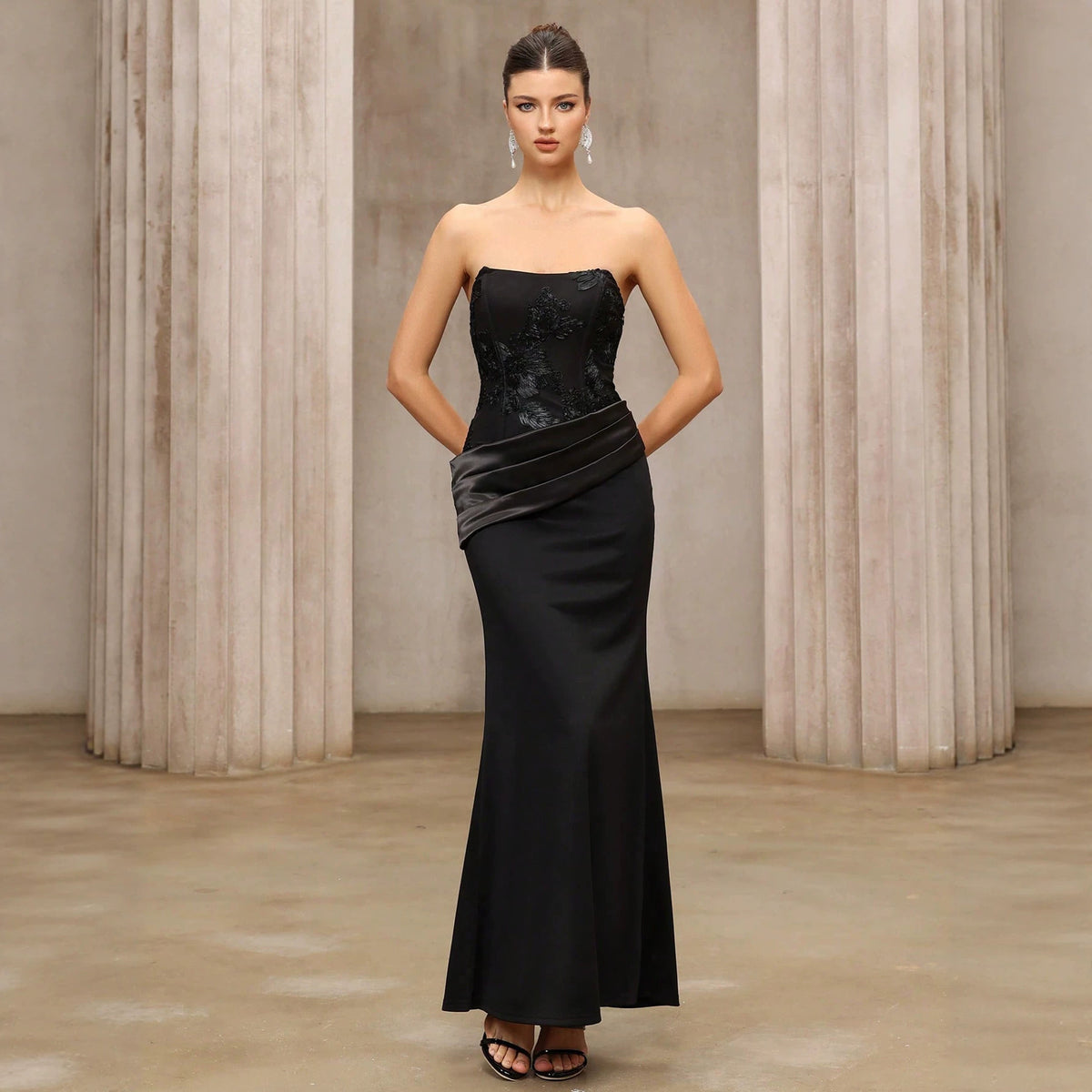 Embroidered Strapless Long Evening Dress