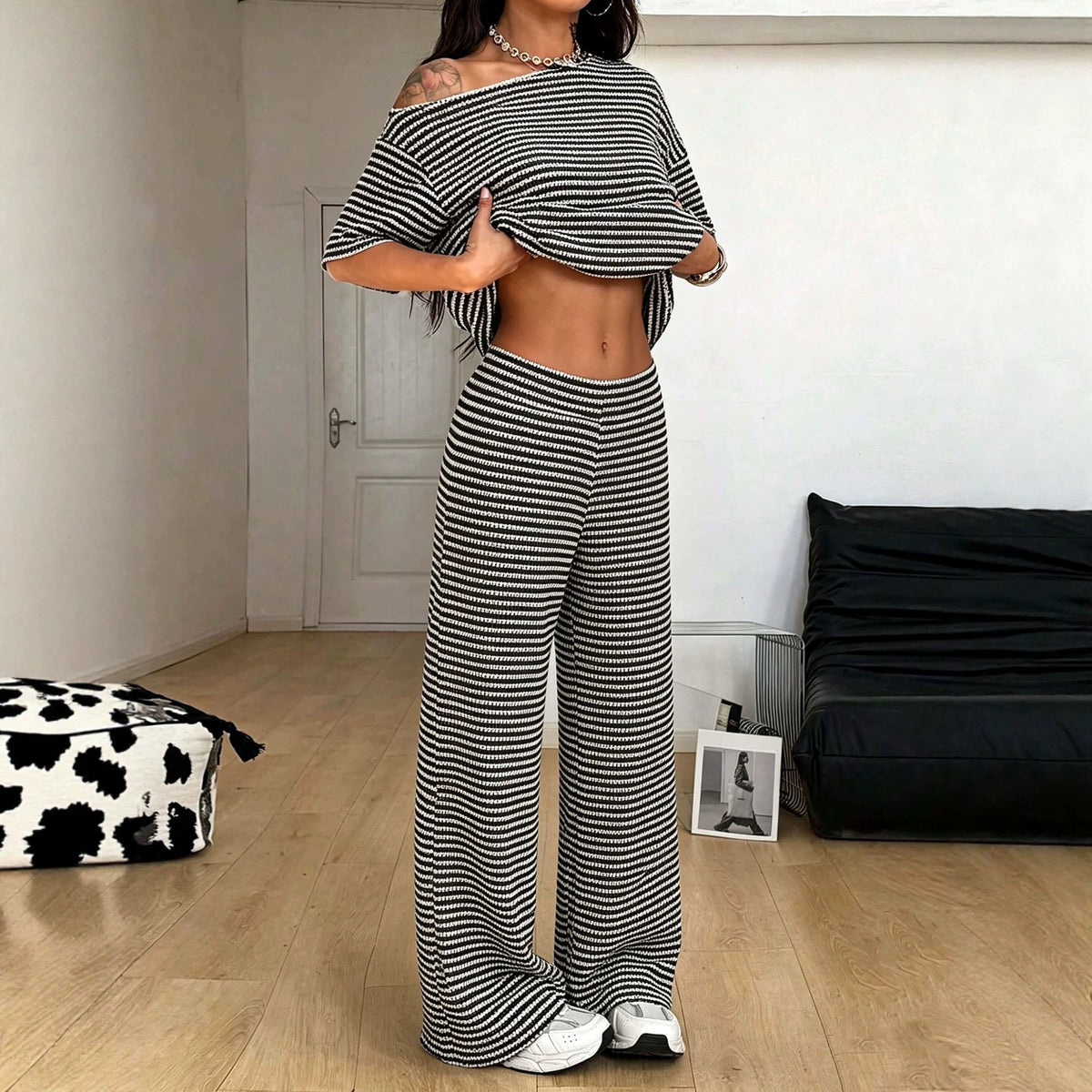 Striped One Shoulder Top and Wide Leg Set