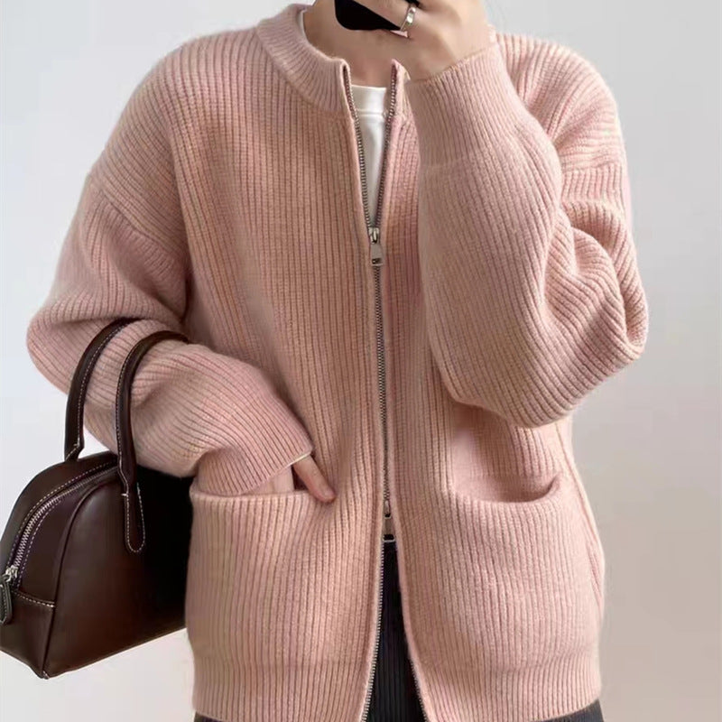 Casual Cashmere Blend Zipper Cardigan – Korean Loose Fit Pocket Sweater for Women FD