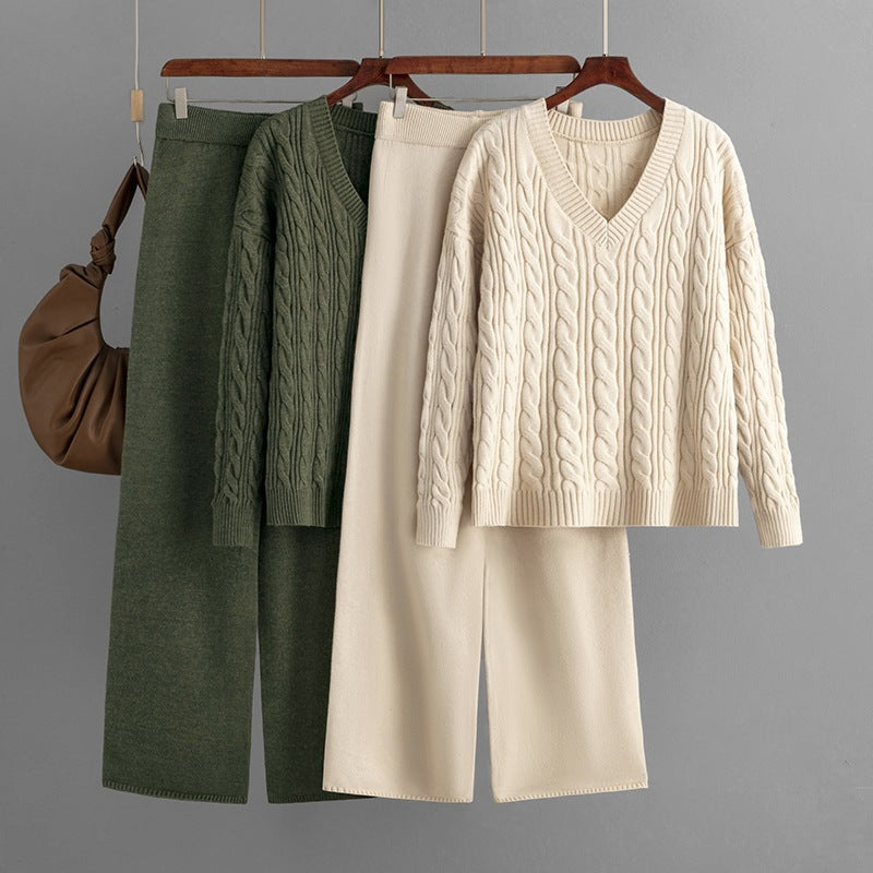 Cable Knit V Neck and Wide Leg Set