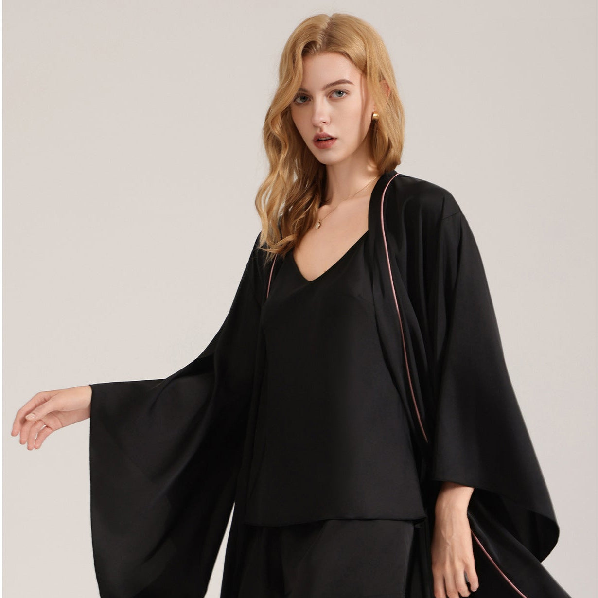 The Satin Serenity | Black Satin Three-Piece Sleep Set (Robe, Cami & Shorts)