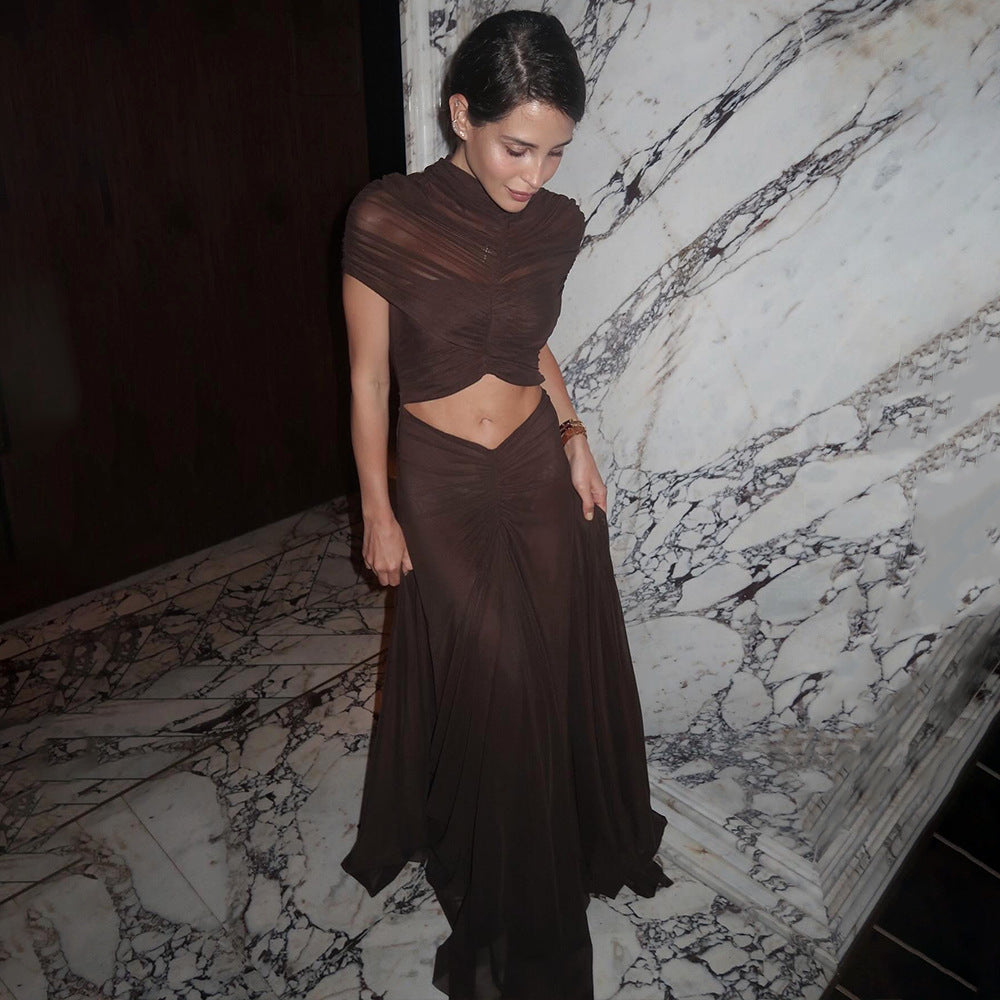 Pleated Mesh Panel Maxi Dress