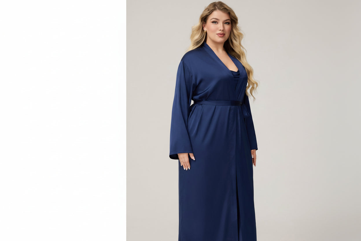 The Satin Seduction | Women's Plus-Size Long-Sleeve Satin Robe & Chemise Set