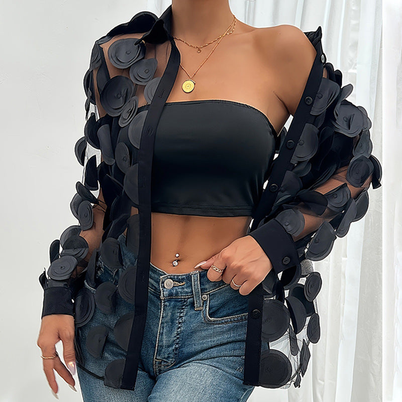 3D Floral Mesh Shirt and Bandeau Set