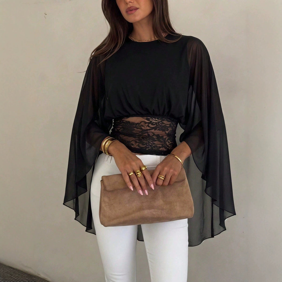 Mesh Cape Sleeve Lace Panel Top