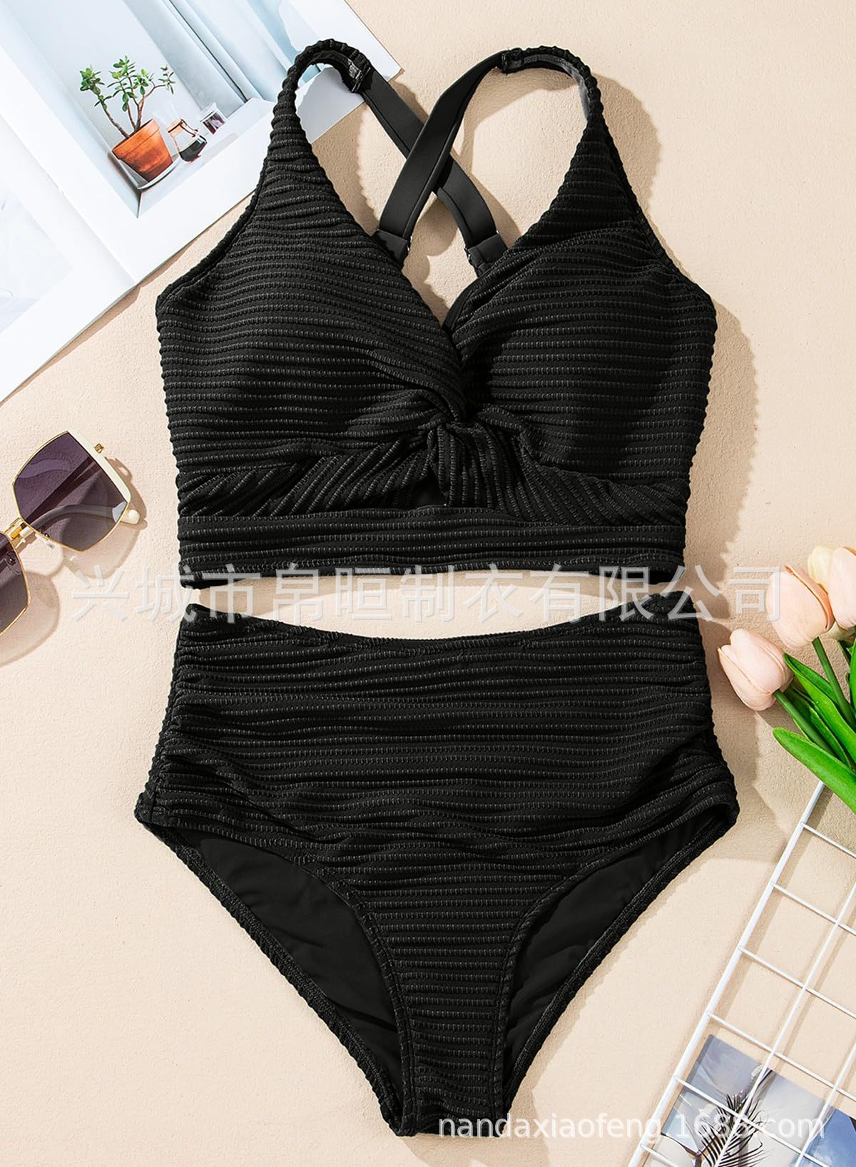 The Azure Wave | Textured Front-Twist High-Waist Bikini