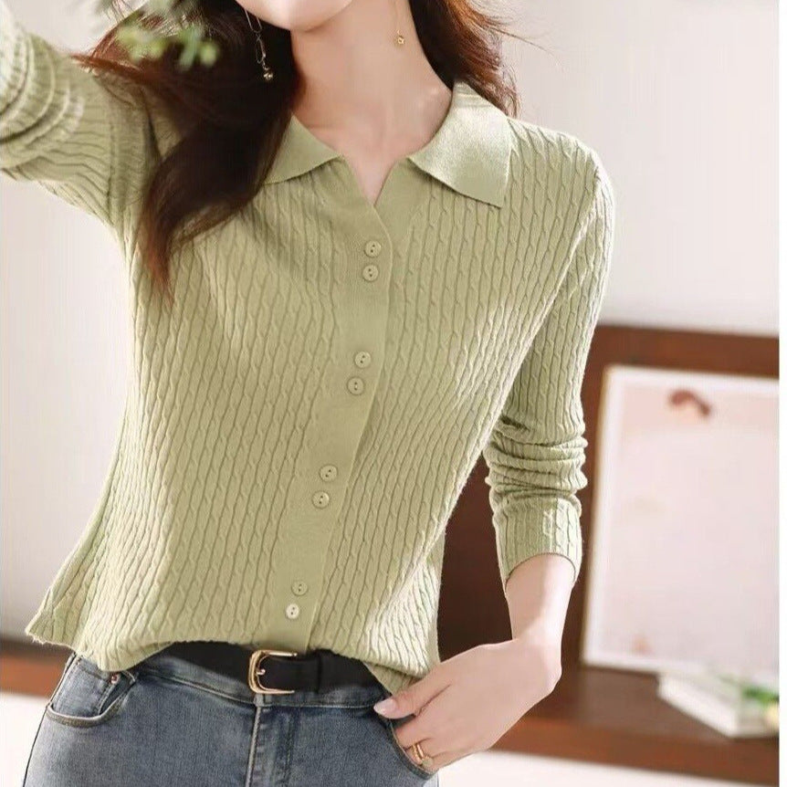 Polo Collar Button Front Knit Cardigan